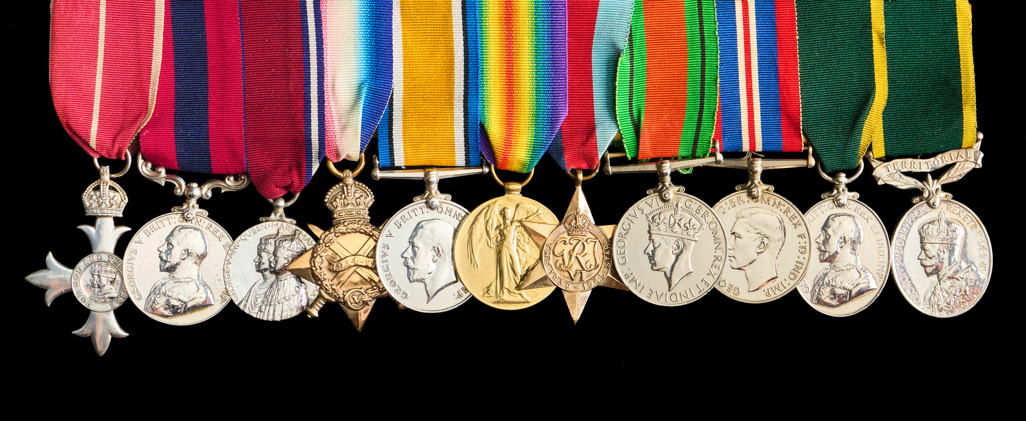 Harry Grantham : (L to R) MBE; Distinguished Conduct Medal; George V Silver Jubilee Medal; 1914-15 Star; British War Medal; Allied Victory Medal; 1939–45 Star; Defence Medal; War Medal 1939–45; Territorial Force Efficiency Medal; Territorial Efficiency Medal
